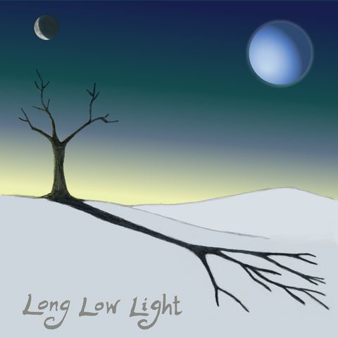 A flat cartoon styled painting of a tree casting a long shadow over a snowy hillside, the moon is above, an ominous blue sphere hangs in the sky.